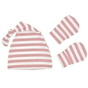 2pcs/set Infant Pure Cotton Headgear Stripe Pattern Anti Scratch Face Hand Guards Protection Newborn Soft Mittens Hat Dark flesh 0-6 months