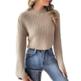 thumbnail image 3 of Women'S Cropped Sweater Knit Long Sleeve Crewneck Soft Pullover Sweater Top Khaki L, 3 of 10