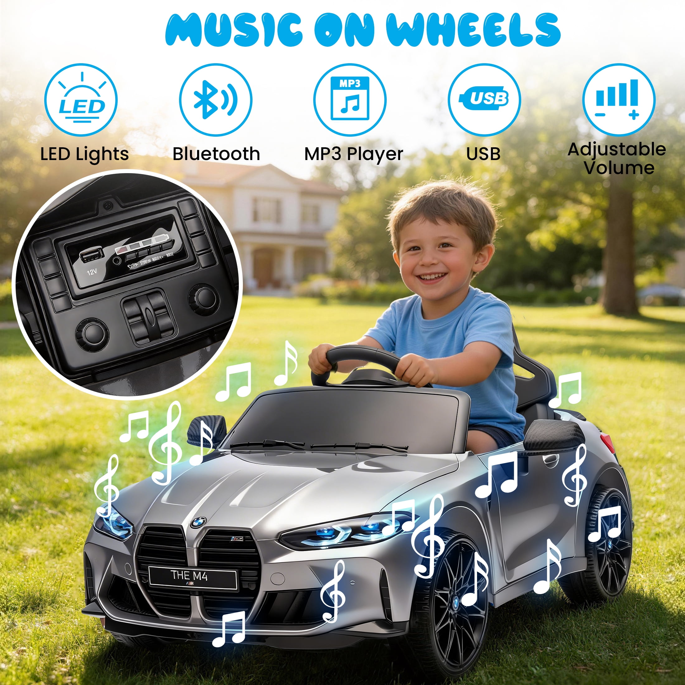 BMW M4 24V Kids Ride On Toy Car with Parents Remote, Electric Car with USB/MP3, Bluetooth, LED Light, Toddler Car with A Handle with Wheels and A Pull, Easy to Carry, Gift for Boys Girls 2-5, Silver