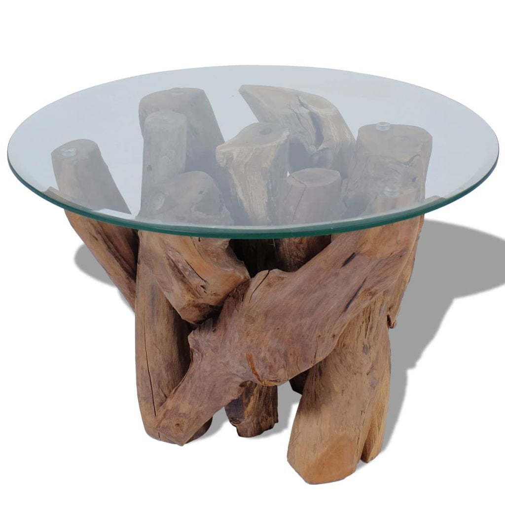 Best 23.6" Coffee Table, Solid Teak Driftwood with Glass Top and Teak Base, A