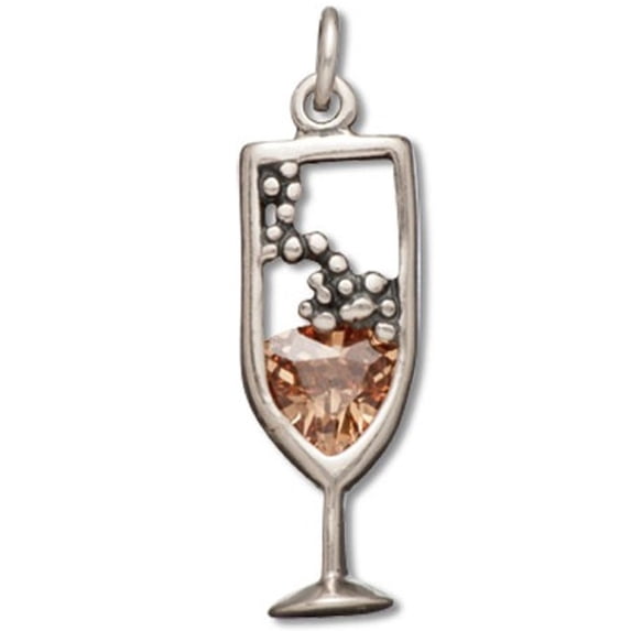 Sterling Silver 16" .8mm Box Chain Light Yellow Cubic Zirconia Bubbly Champagne Pendant Necklace