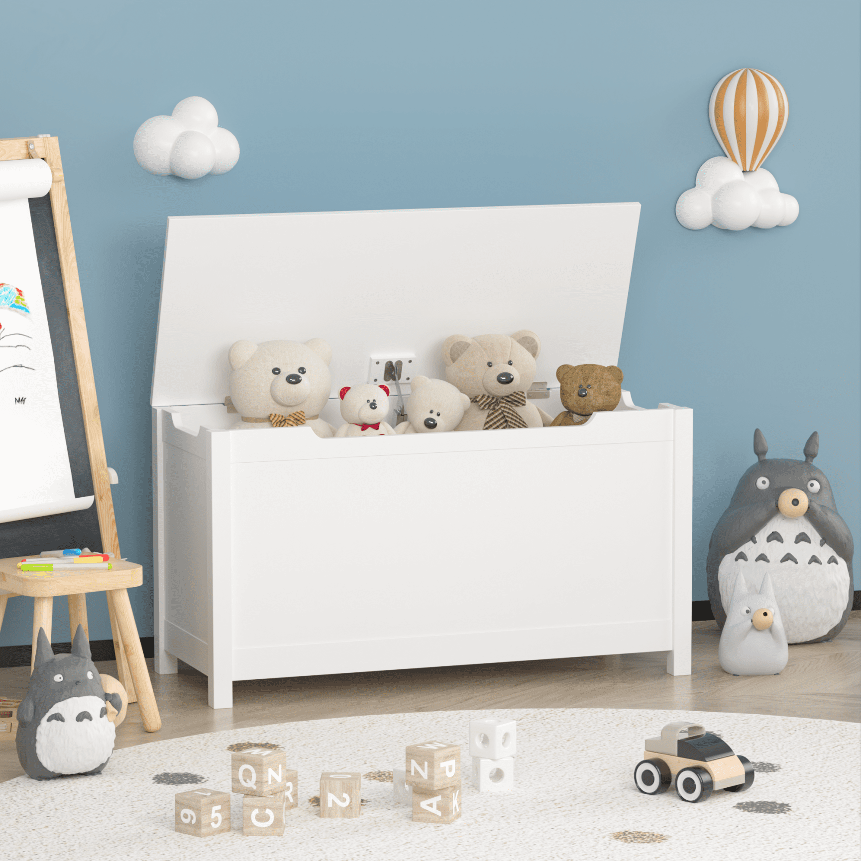 Kids Wooden Toy Box Storage with Safety Hinged Lid for Ages 3+, Large Versatile Uses Wooden Box, Kids Play Room Nursery Organizer for Playroom Organization, Gift for Boys & Girls, White