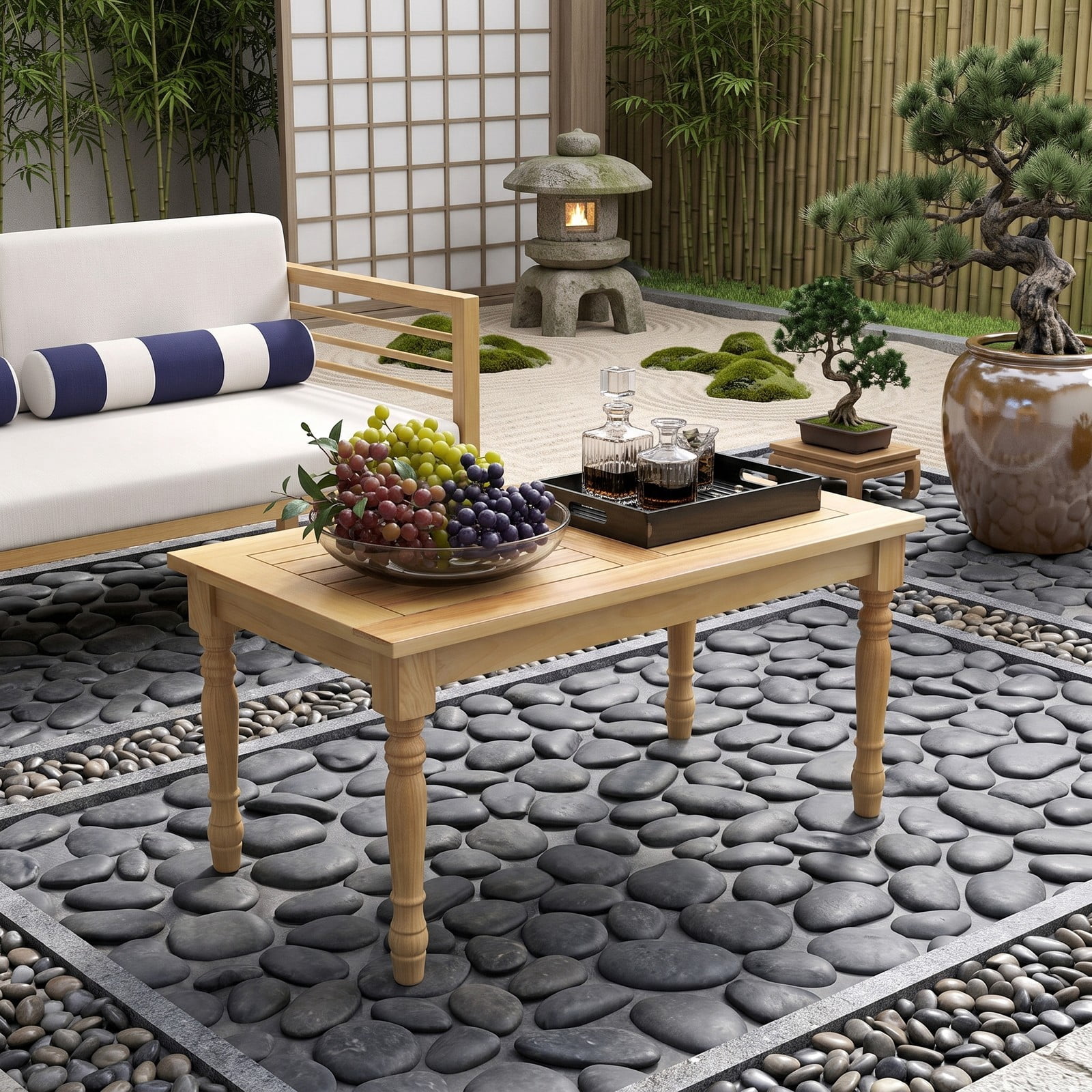 Furnibear 35.5 Inch Rectangle Teak Wood Patio Coffee Table with Slatted Top and Turned Legs for Living Room and Backyard, Natural