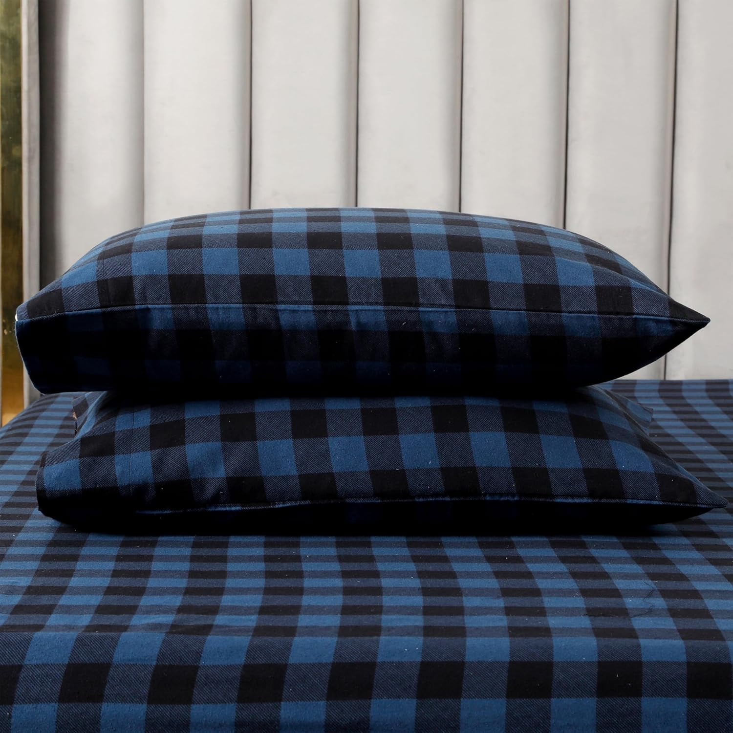 Elegant Comfort Soft 4-Piece Cotton Flannel Sheet Set -Deep Pocket Fitted Sheet, Flannel Sheets - King, Buffalo Check Blue