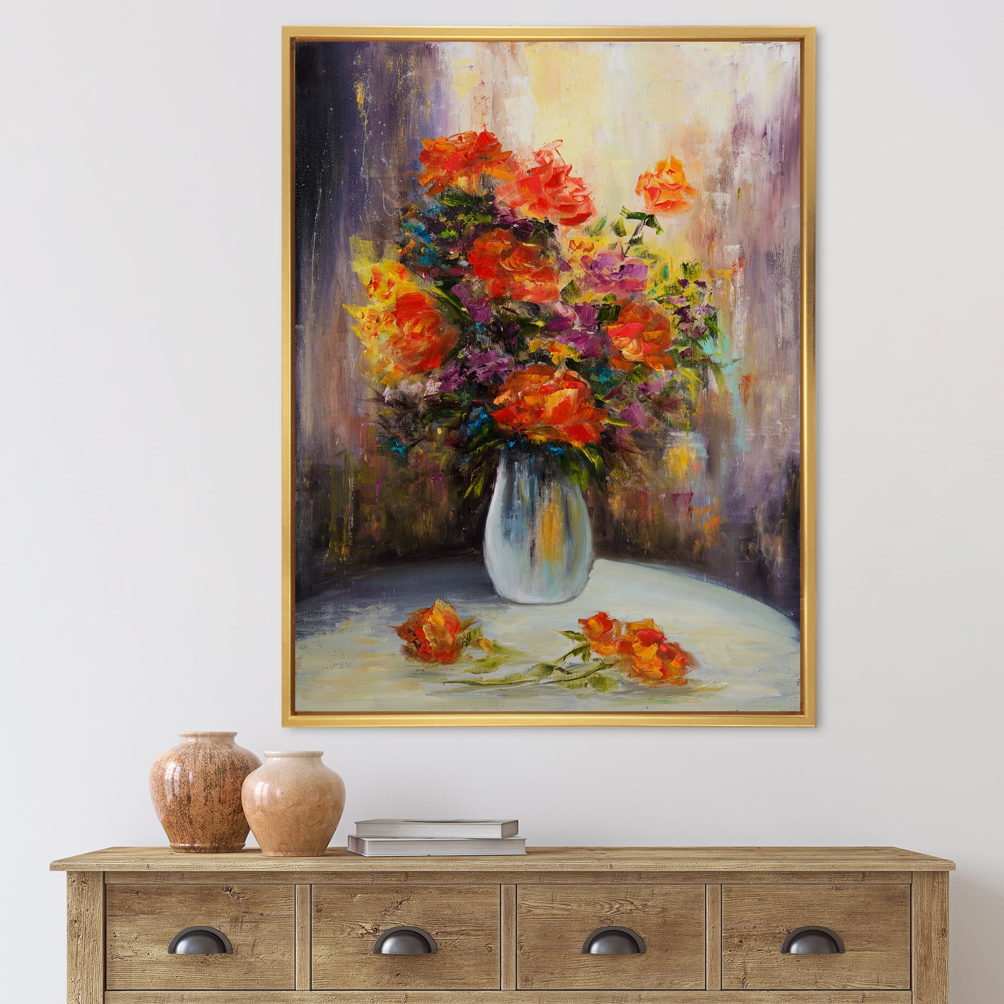 Designart 'Still Life Bouquet With Yellow and Red Flowers' Traditional Framed Canvas Wall Art Print