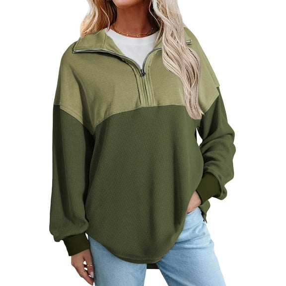 SWQZVT Womens Sweatshirts Waffle Knit Half Zip Pullover for Women Casual Long Sleeve Lightweight Loose Fit Fall Tops L