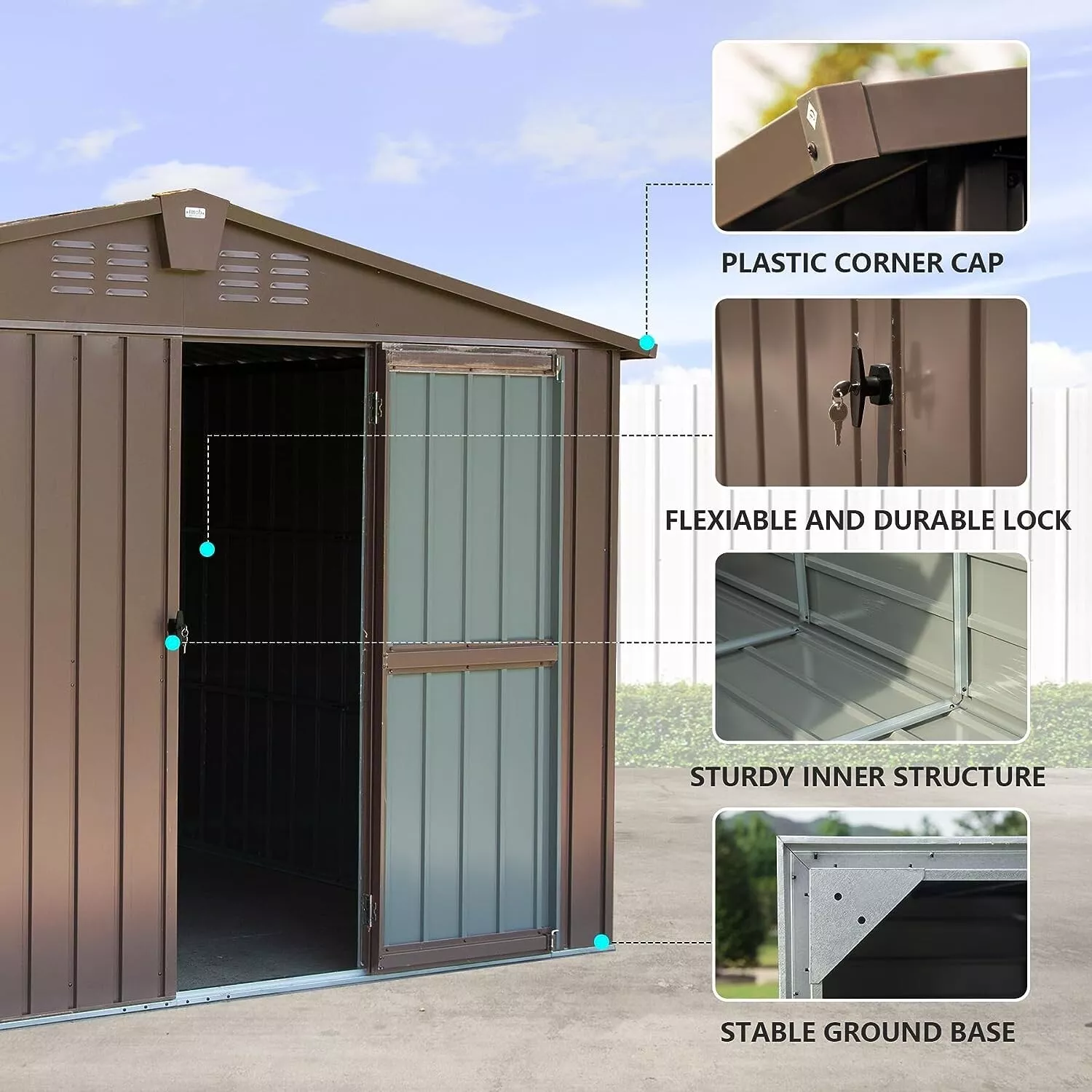 Domi Outdoor 10x 8FT Storage Shed with Lockable Door , Metal Garden Shed for Backyard, Patio, Lawn for Bike, Trash Can, Tools, Lawn Mowers, Pool Toys(Brown)