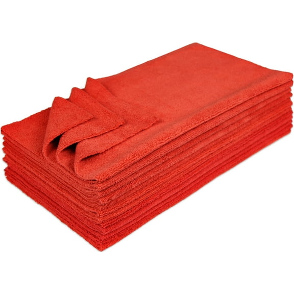 Eurow Microfiber 16 x 16in 300 GSM Ultrasonic Cut Cleaning Towels 12-Pack - Red