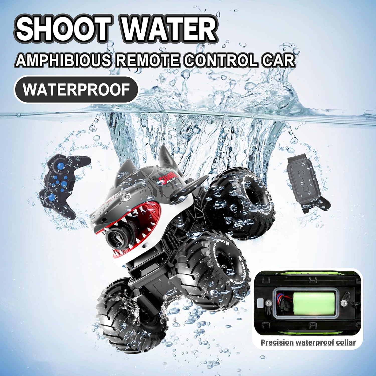 Adofi Amphibious Remote Control Car, 4WD All-Terrain Off-Road Water Toys, 2.4GHz Shooting Waterproof RC Monster Truck, Toys for Boys 3 6 Years - Gray