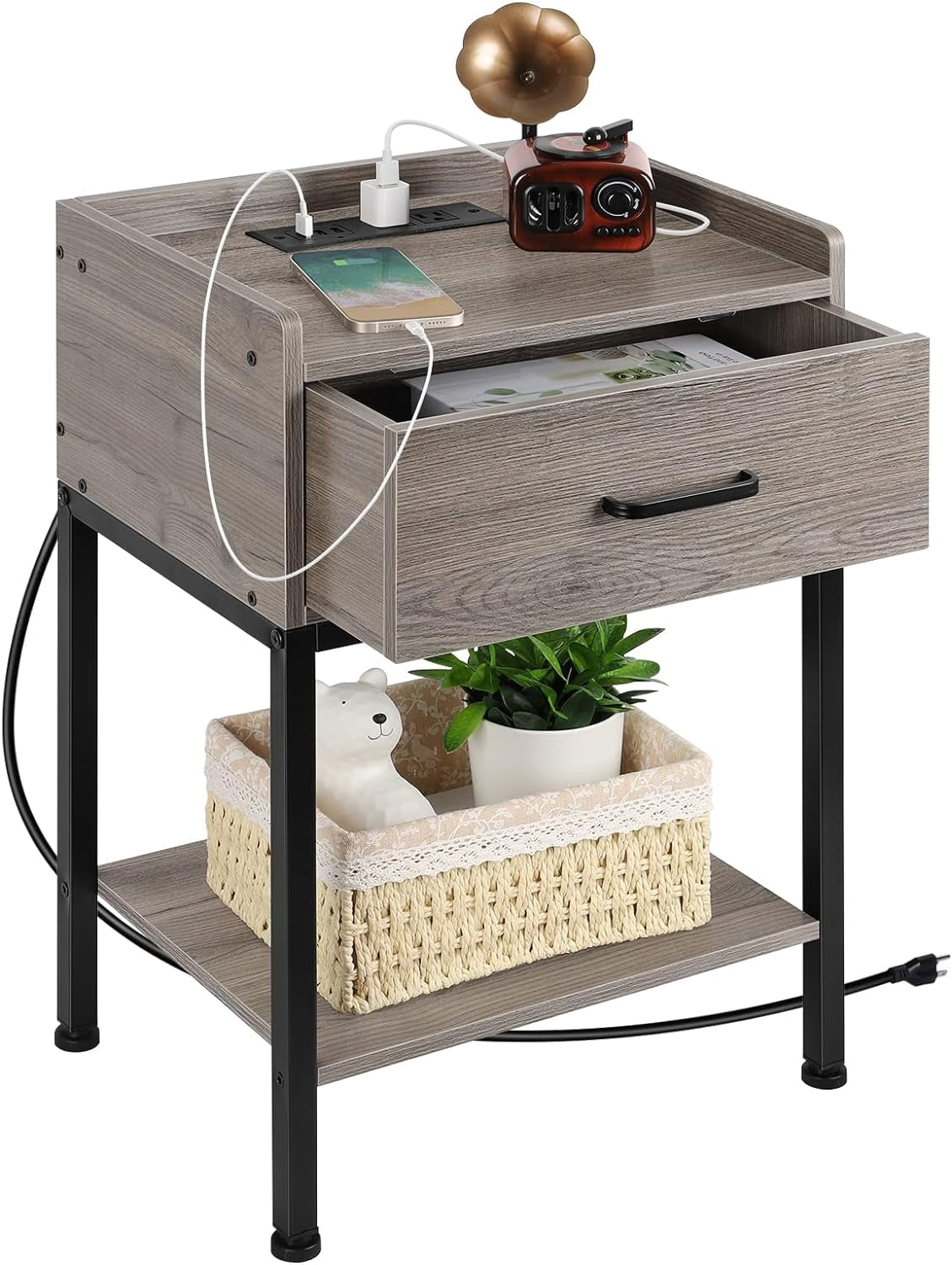 Oumilen Nightstand with Charging Station with Drawer, Gray