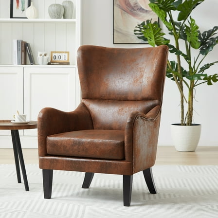 Noble House Liam Contemporary Microfiber Wingback Club Chair with Nailhead Trim, Brown