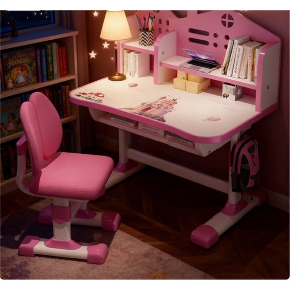 Mohsoe Adjustable Height Kids Desk Chair Set with Scientific Storage & Widened Writing Area, Protects Vision Pink