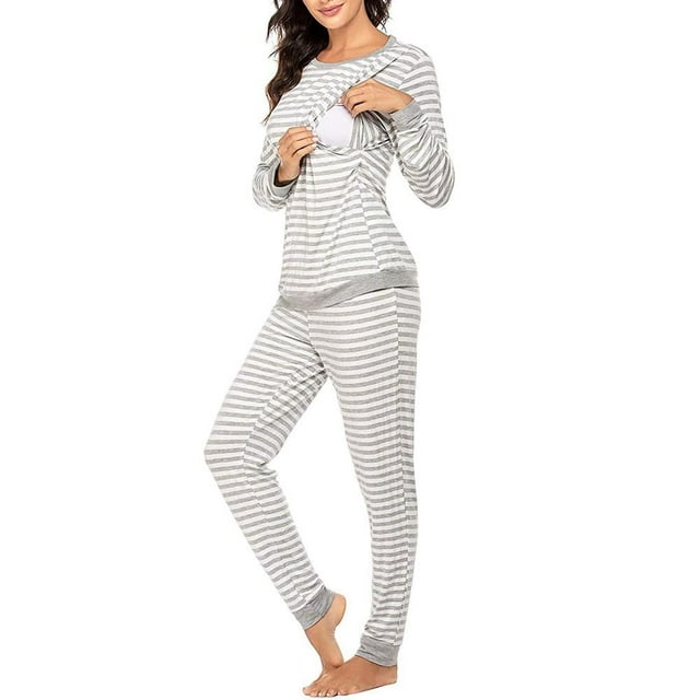 EASTIN Grande Liquidation! Ensemble de Pyjama de Maternité et d'Allaitement pour Femmes, Pyjama d'Allaitement à Rayures, Ensemble Haut à Manches Longues et Bas
