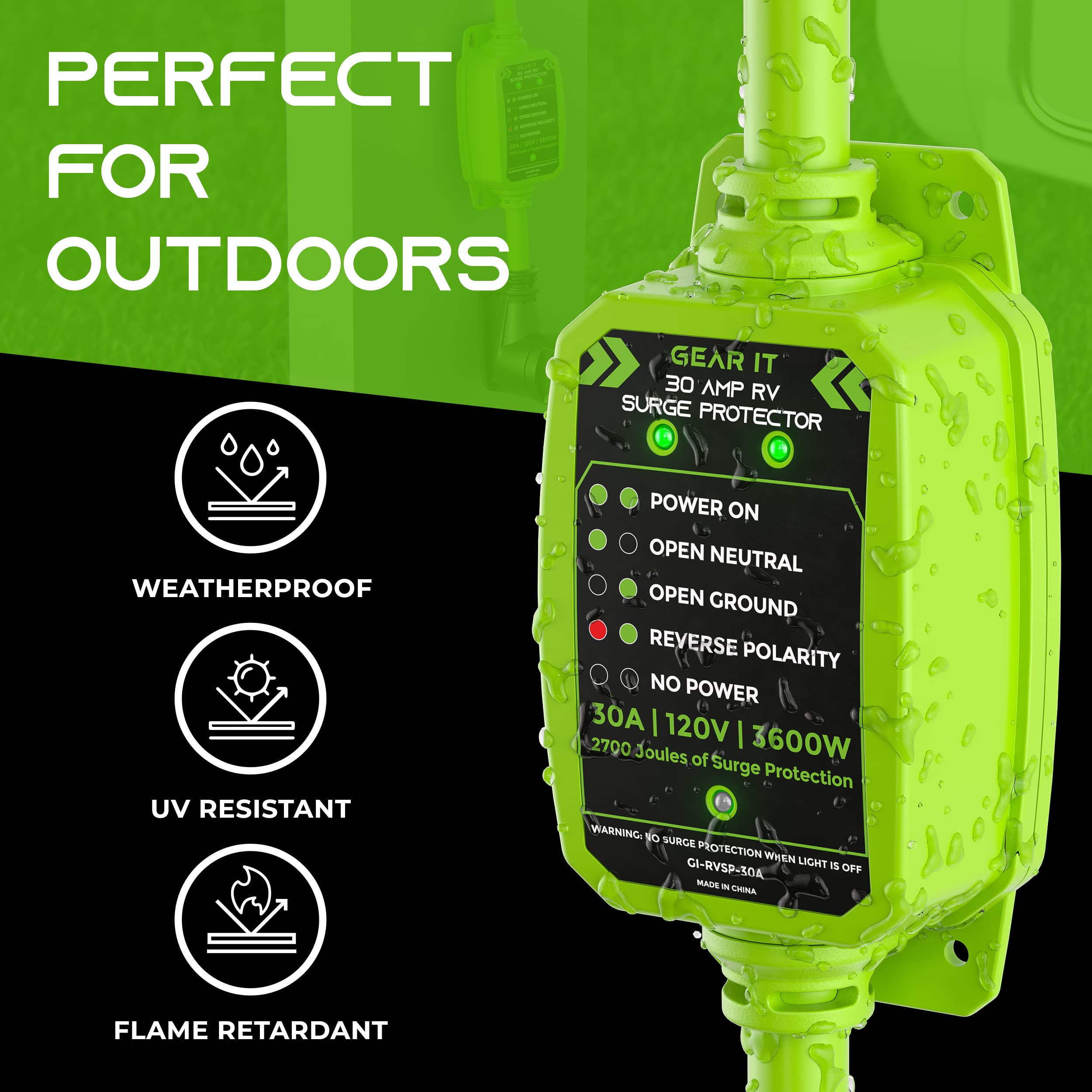GEARit RV Surge Protector 30 Amp Heavy-Duty Outdoor Extension Plug with Circuit Analyzer Led Voltage Monitor 2700 Joules for Camper Trailer