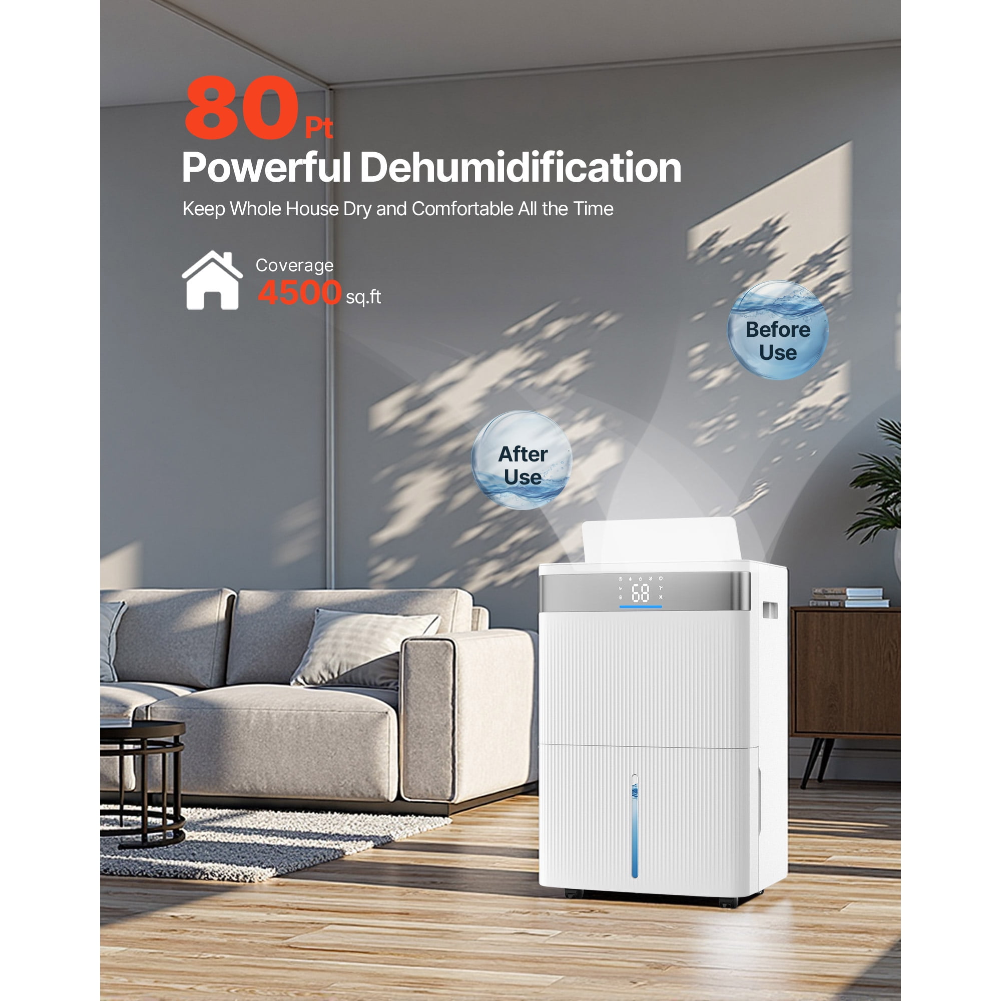 KFFKFF 80 Pints Dehumidifier for Home and Basement, Includes Drain Hose for Commercial and Industrial Applications, Intelligent Humidity Adjustment, Quiet Operation for Large Spaces, Bedrooms