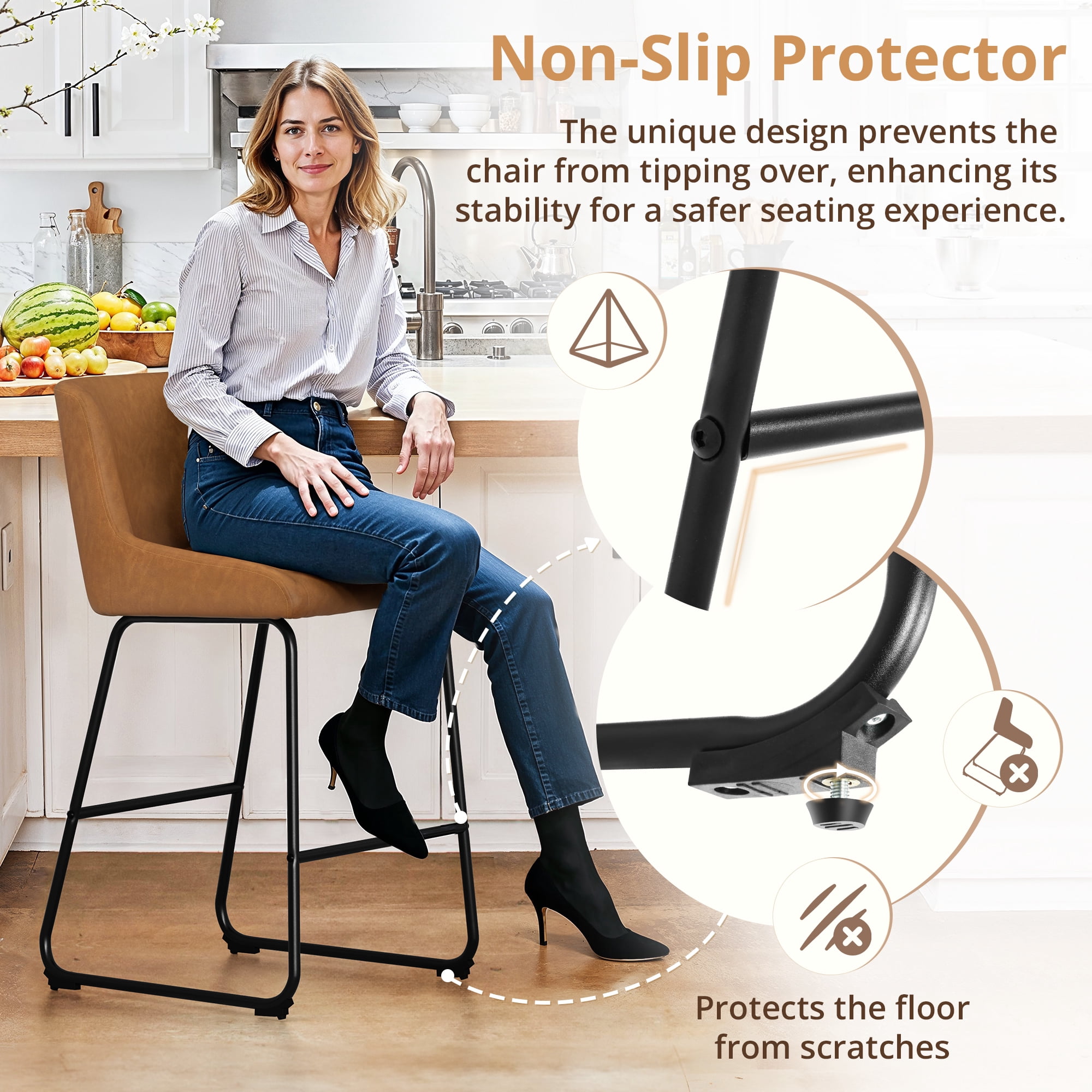 Dycanpo 26" Counter Height Bar Stools Set 4, Faux Leather 2.5" Cushion, Whiskey Brown
