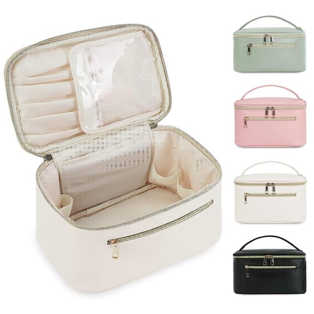 Bolsa De Cosméticos De Viaje De Gran Capacidad, Bolsa De Cosméticos Portátil De Cuero Resistente Al Agua, Neceser Multifuncional Para Mujer Con Asa. (blanquecino)