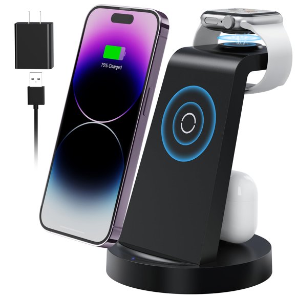 Estación de carga 3 en 1 para dispositivos Apple, cargador inalámbrico para iPhone 16 15 14 13 12 11 Pro Max y Apple Watch iwatch - Base de carga para AirPods