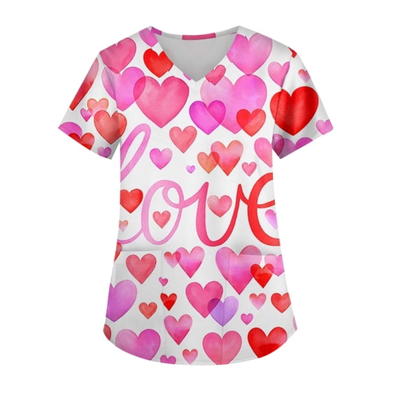 ASDFVBKG Medical Uniform Women Valentine's Day Scrub Tops Plus Size Short Sleeve V-Neck Love Heart Printed Medical Uniform with Pocket Comfy Workwear Scrub Tops Hot Pink XL