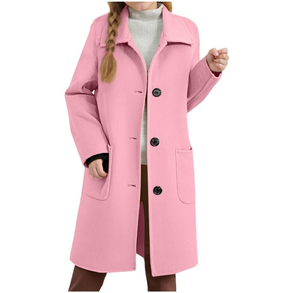 Cethrio Girls Peacoats, Single-breasted Casual Lapel Collar Mid-length Winter Coats Pink Size 14-16