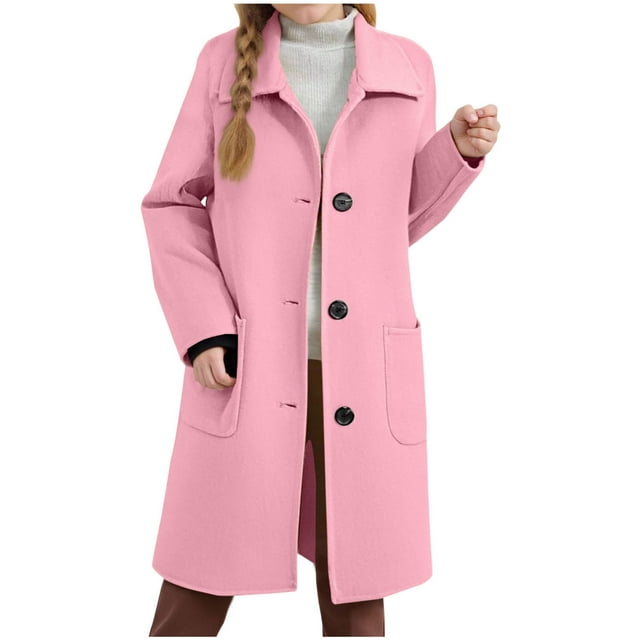 Children's Wool Trench Overcoat Breasted Lapel, Pea Coat, Long Sleeve, MidLong, with Pockets