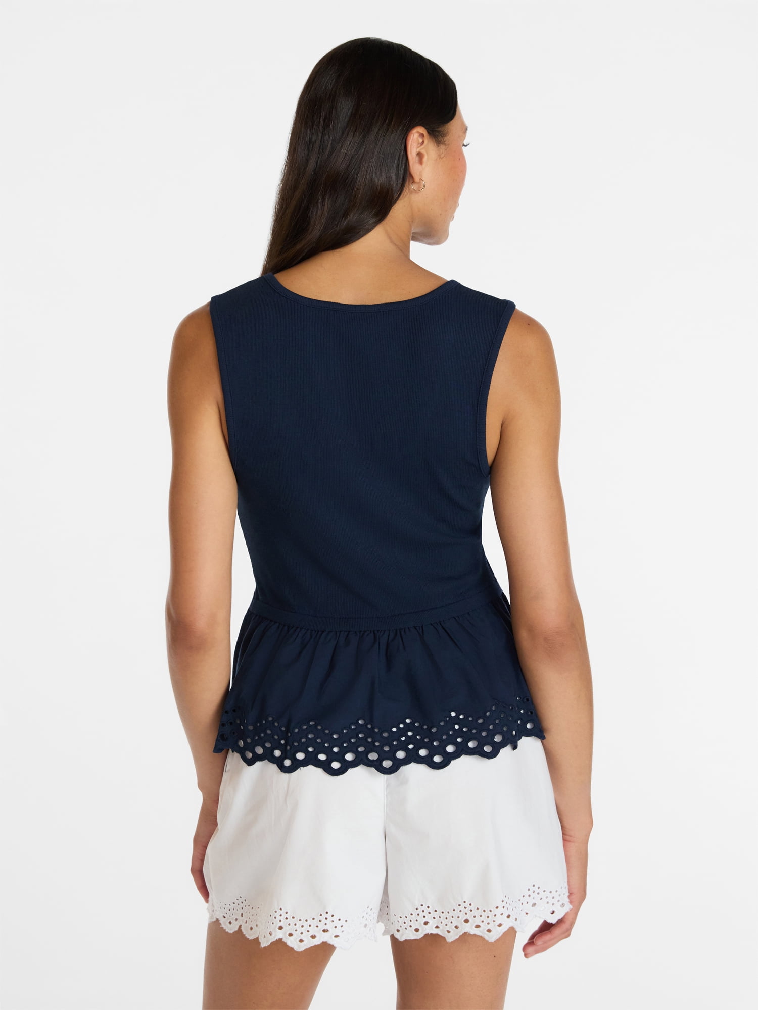 Time and Tru Women's Eyelet Trim Tank Top with Peplum Hem, Sizes XS-XXXL