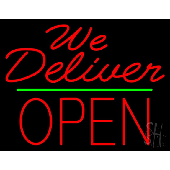 Red We Deliver Open Green Line LED Neon Sign 24 x 31 - inches, Black Square Cut Acrylic Backing, with Dimmer - Bright and Premium built indoor LED Neon Sign for restaurant window and interior decor.