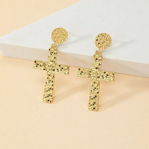 Pierced 2 1/2" shiny gold textured dangle cross earrings