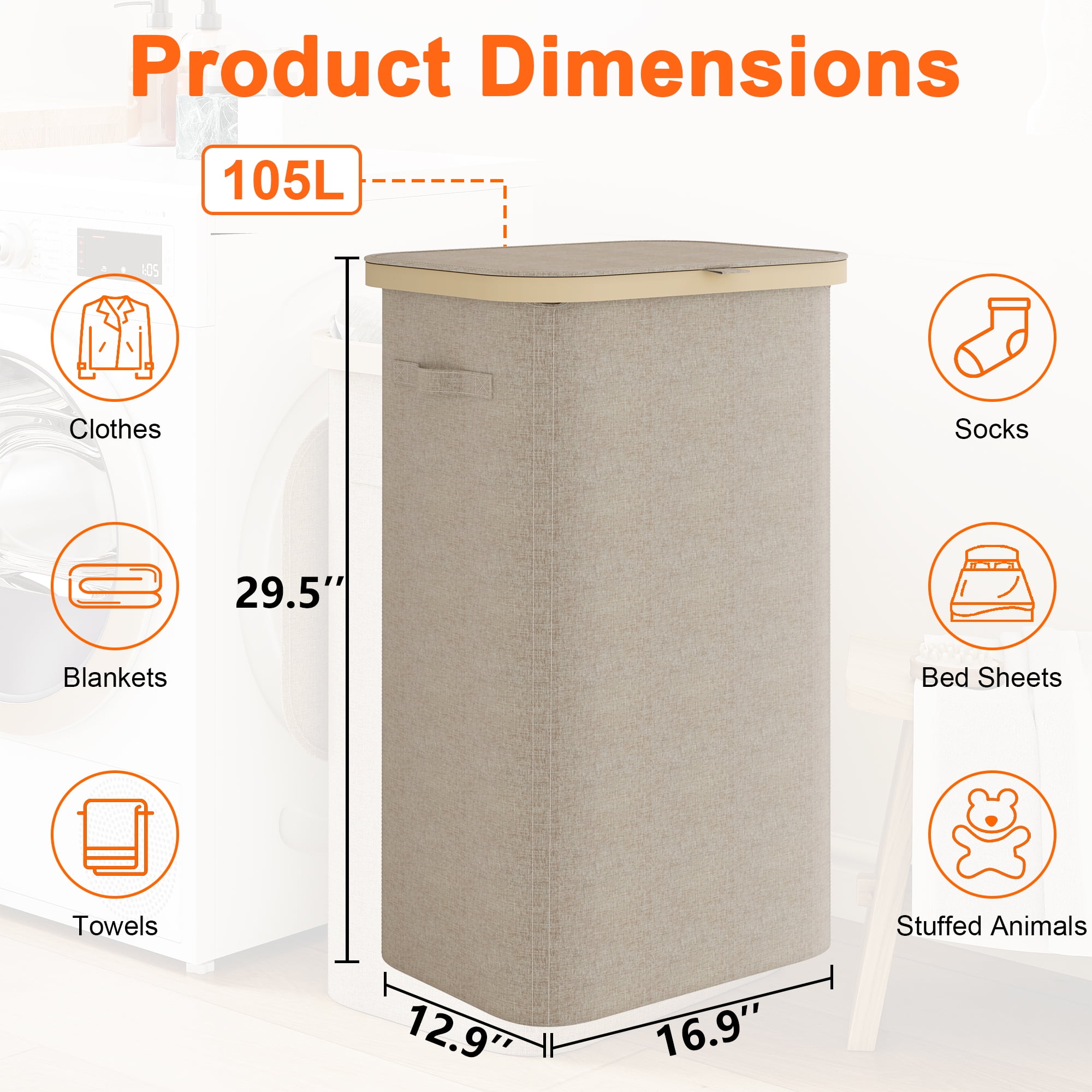 BGTREND 2PCS Slim Laundry Hamper with Lid 85L Foldable Clothes Basket with Removable Mesh Bag & Handle for Closet Bathroom Bedroom (Beige)