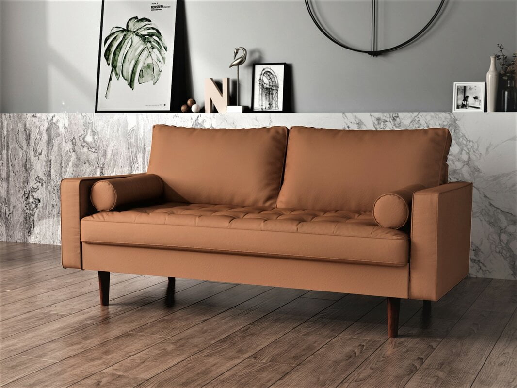 US Pride Furniture Mid-Century Gabler Loveseat in Faux Leather, Camel