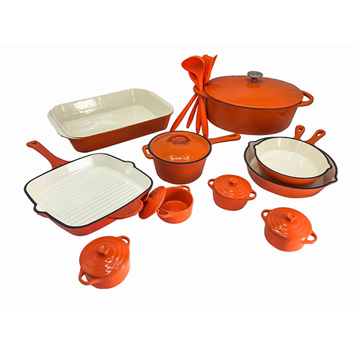 Le Chef 21Piece Enameled Cast Iron Orange Cookware Set.