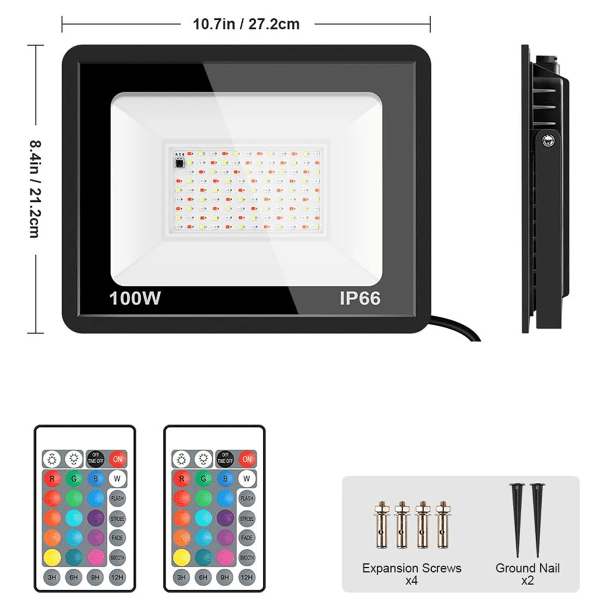2 Pack 100W RGB LED Flood Lights IP66 Waterproof Color Changing Floodlight with Remote for Party, Halloween 220V,2 * Floodlights 2 * Ground Stakes 4 * Screws 2 * Remote,Black