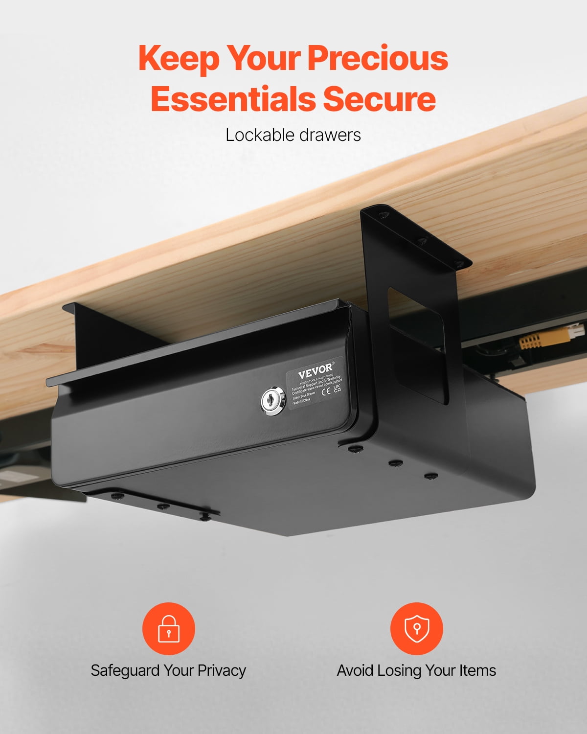 VEVOR 13" Wide Under Desk Drawer Slide Out, Under Desk Mount Pull Out Drawer Attachment, Hidden Desk Storage Organizer, Lockable Under Desk Pencil Drawer for Sit-Stand Workstation, 14x13x7 In