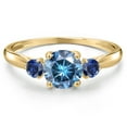 thumbnail image 3 of Gem Stone King 10K Yellow Gold Persian Blue Moissanite and Blue Created Sapphire 3-Stone Ring for Women | 1.08 Cttw | Round 6MM | Gemstone Birthstone | Size 7, 3 of 6