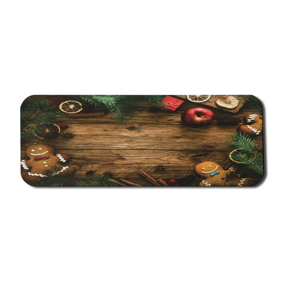 Christmas Computer Mouse Pad, Gingerbread Man Gift Box Coniferous Pine Cinnamon Dessert on Rustic Wood Theme, Rectangle Non-Slip Rubber Mousepad Large, 31" x 12", Brown Green, by Ambesonne