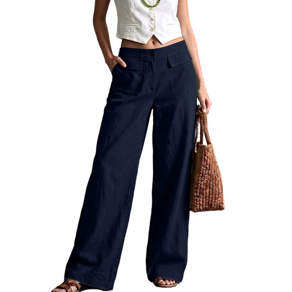 Evdexr Wide Leg Pants for Women Button Linen Pants Summer 2026 Casual Trousers High Waisted Solid Loose Fit Work Pant with Pockets S