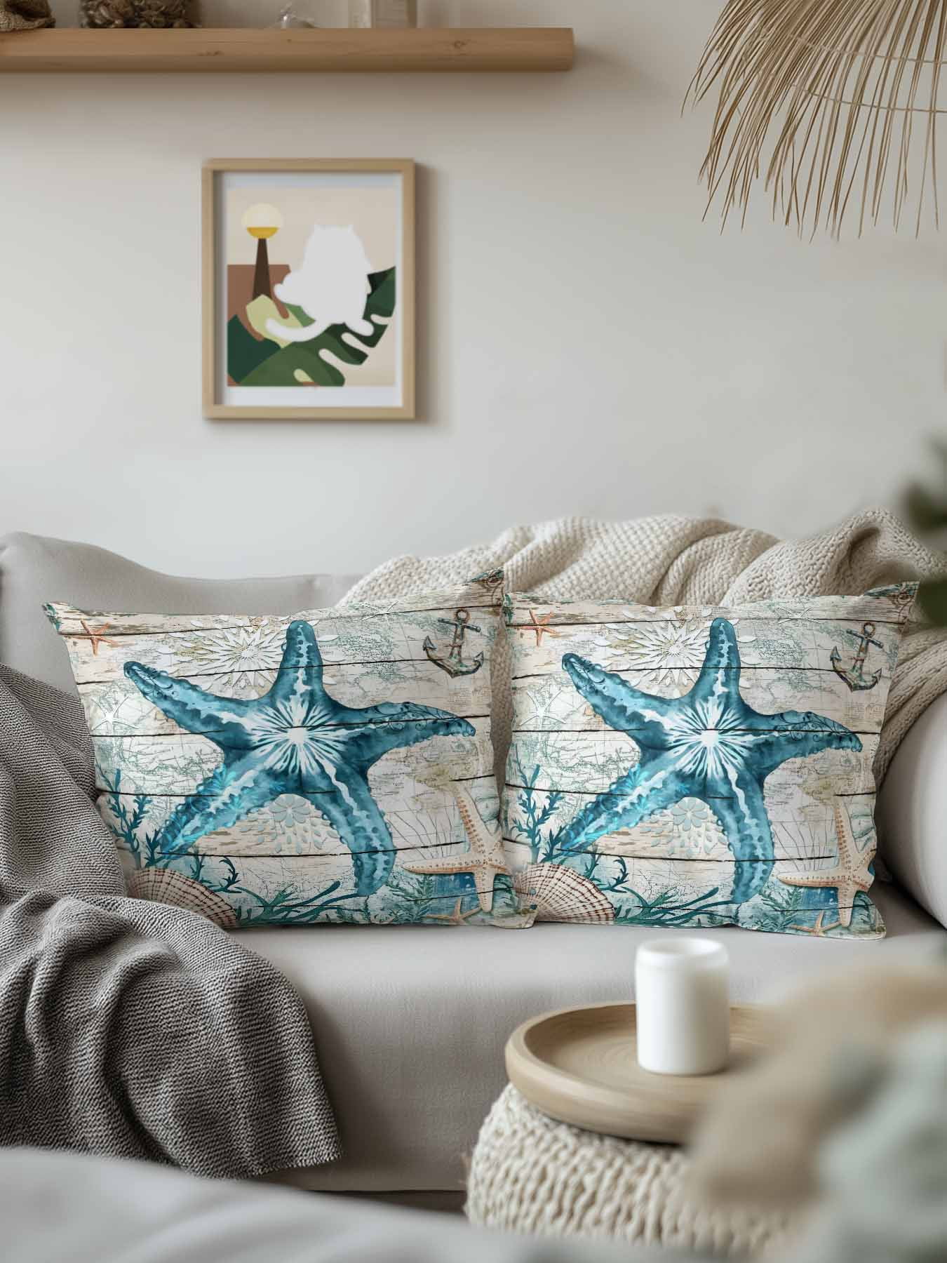 Outdoor Pillows Waterproof, Teal Starfish Coastal Bedding Throw Pillows with Insert for Couch Sofa Bed, Summer Beach Nautical Retro 18x18 Inch Pillowcases Decorative Camping Patio Pillow Set of 1