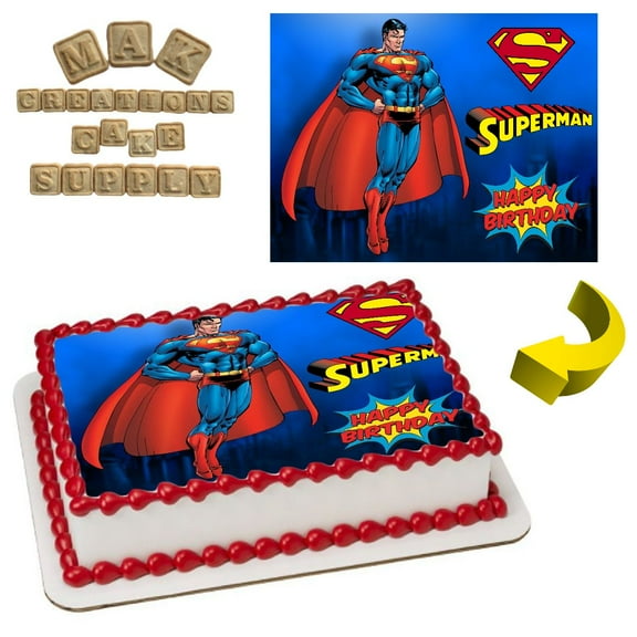 Superman Happy Birthday  Edible  1/4 Sheet Cake topper - Can also be used on a 1/2 Sheet with room to decorate!