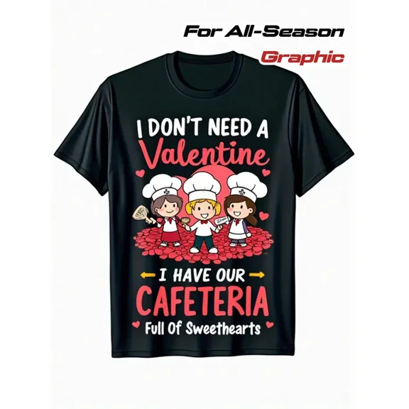 Men'S & Women'S Funny Valentine'S Day T-Shirt - "I Don't Need a Valentine, I Have Our Cafeteria Full of Sweethearts" Graphic Tee with Chefs - Black Shirt with Red Hearts - 180g