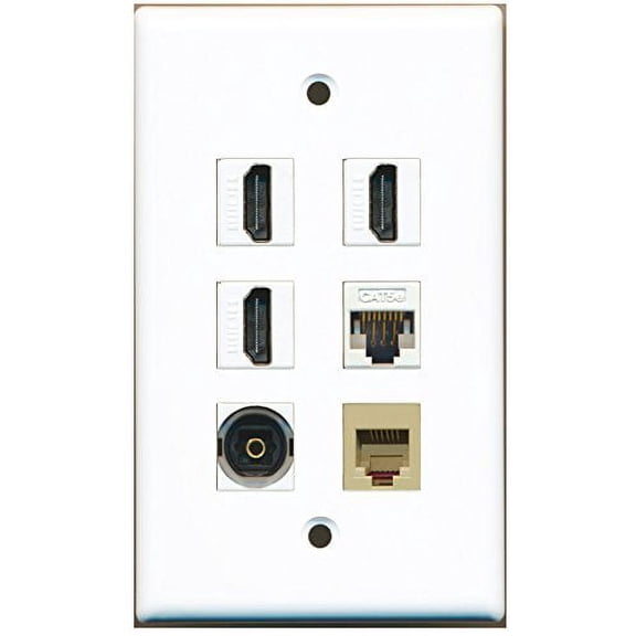 RiteAV - 3 HDMI 1 Port Phone RJ11 RJ12 Beige 1 Port Toslink 1 Port Cat5e Ethernet White Wall Plate