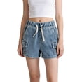 thumbnail image 3 of YunPes Cargo Jeans Shorts for Girls Casual Elastic Waist & Drawstring Pull On Jeans Cute High Waisted Denim Shorts with Pockets, 3 of 9