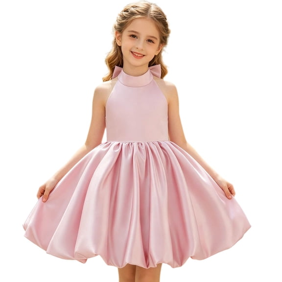 MEZZALL Elegant Girls Sleeveless Backless Tie Strap Dress With Bow Kids Formal Party Gown Solid Color Soft Dresses