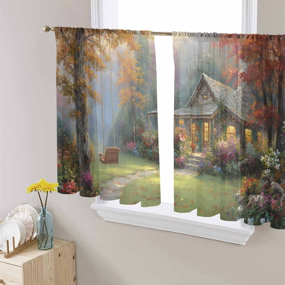 Fall Forest Sheer Curtains 54 Inches Length 2 Panels Set, Window Sheer Curtains for Living Room/Bedroom, Country Pastoral Trees Cabin Nature Scenery Light Filtering Rod Pocket Curtain 52'' x 54'' x 2