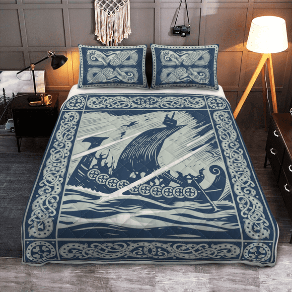 Viking Quilt Bed Set - Viking Ship Art - Viking Quilt Bedding Set RLT12