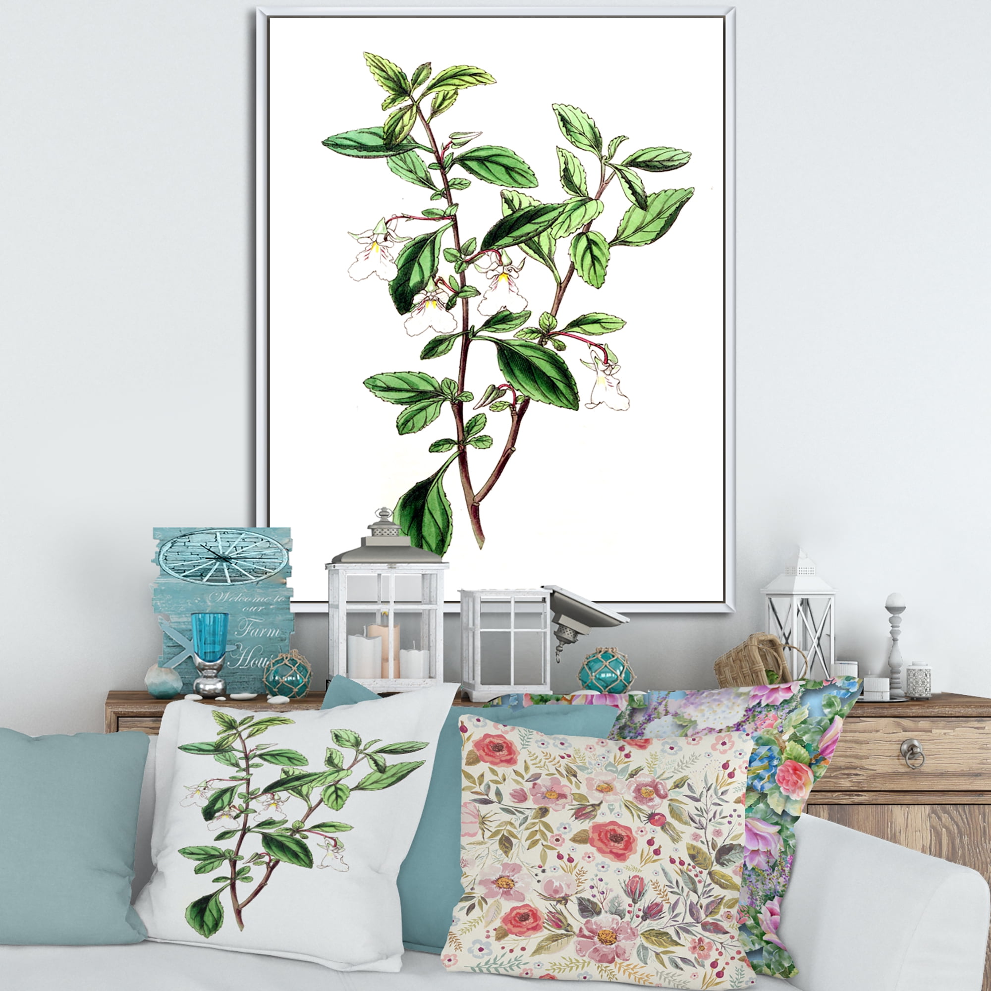 Designart 'Ancient Green Leaves Plants VII' Traditional Framed Canvas Wall Art Print