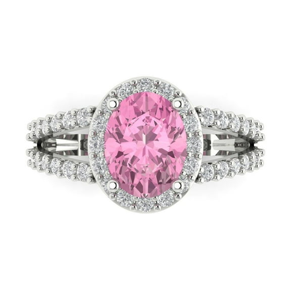 2.78ct Oval Cut Pink Crystal 14k White Gold Engraving Statement Bridal Wedding Halo Designer Ring Size 7.5