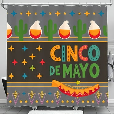 Vibrant Cinco de Mayo Shower Curtain with Colorful Cacti Maracas and Festive Design
