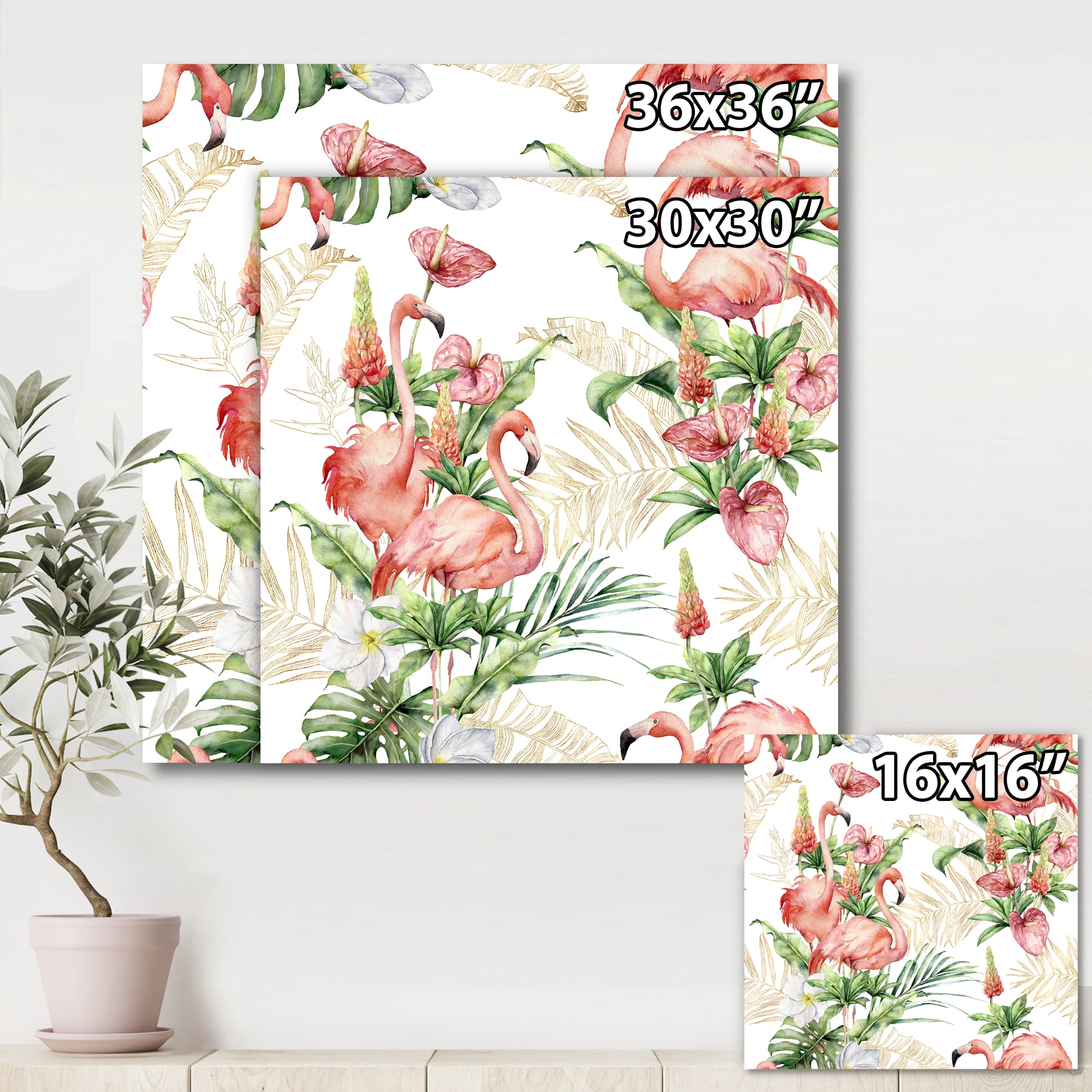 Designart ' Tropical Flowers & Gold Leaves With Pink Flamingos ' Traditional Canvas Wall Art Print
