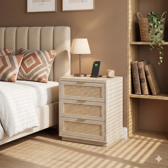 Biemlerfn Nightstand with Charging Station, 3 Drawers Bedside Table, Rattan End Table, Farmhouse Side Table for Bedroom, Living Room, Brown