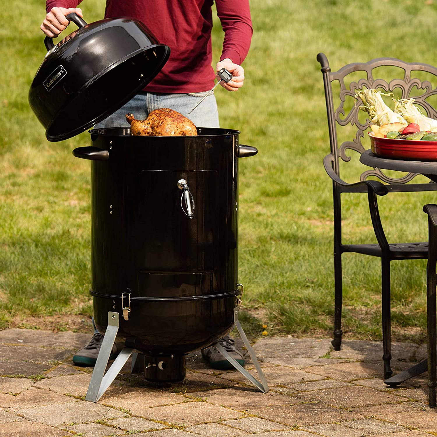 Cuisinart Charcoal Vertical Food Smoker with Integrated Thermometer, Water Bowl, Dual Vents, Chrome Plated Grates